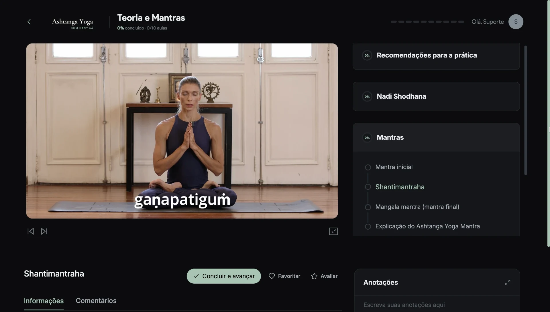 Aula de teoria e mantras com Dany Sá e a lista de mantras à direita