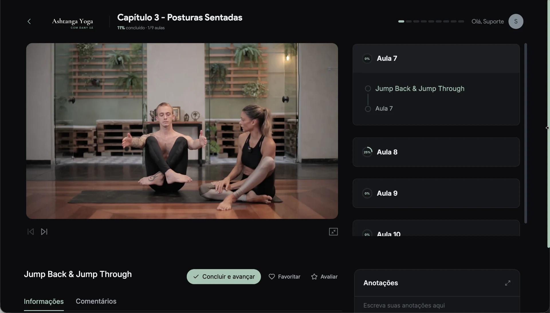 Aula Jump Back e Jump Through na plataforma, com a lista das próximas aulas