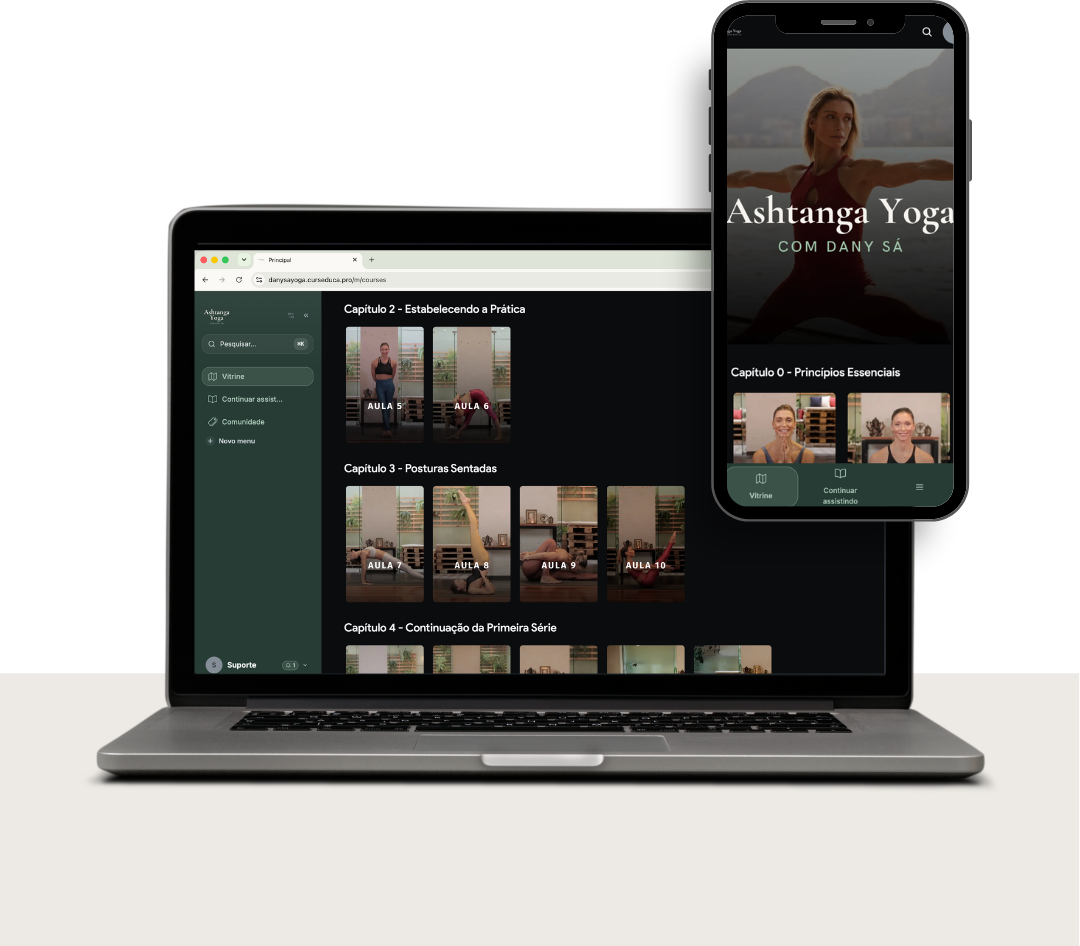 Plataforma Ashtanga Yoga com Dany Sá exibida no computador e no celular